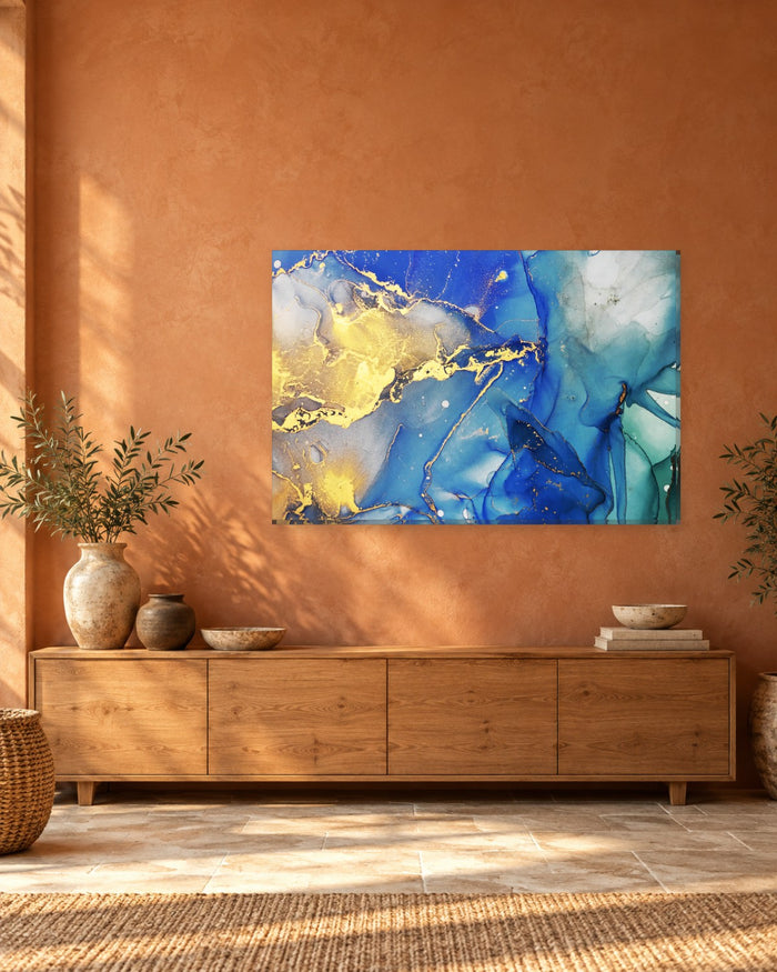 Royal Blue and Gold Ink Abstract Canvas Wall Art - Emerald Teal Edge - Gallery Canvas - 38mm / 48 x 32 / Unframed preview