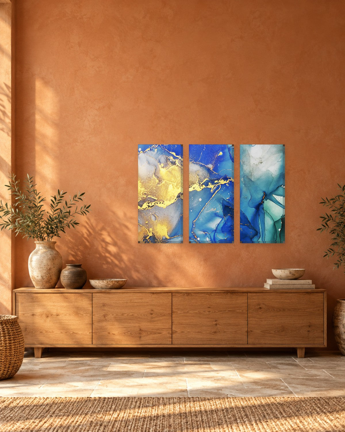 Royal Blue and Gold Ink Abstract Canvas Wall Art - Emerald Teal Edge - Gallery Canvas - 38mm / 48 x 32 / Unframed preview