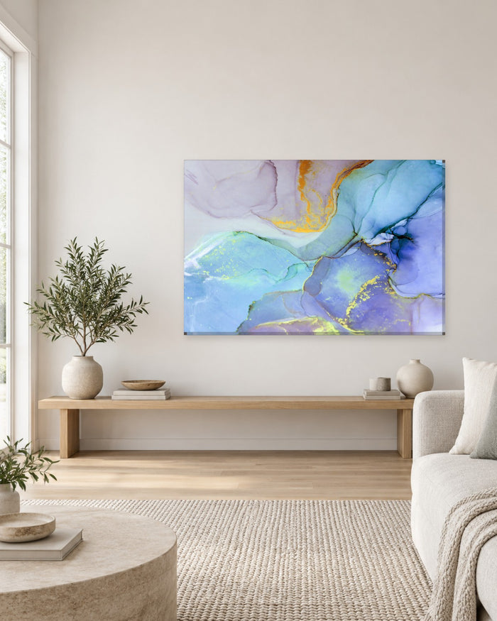 Lavender and Sky Blue Ink Abstract Canvas Wall Art - Orange Gold and Lime Flecks - Gallery Canvas - 38mm / 48 x 32 / Unframed preview