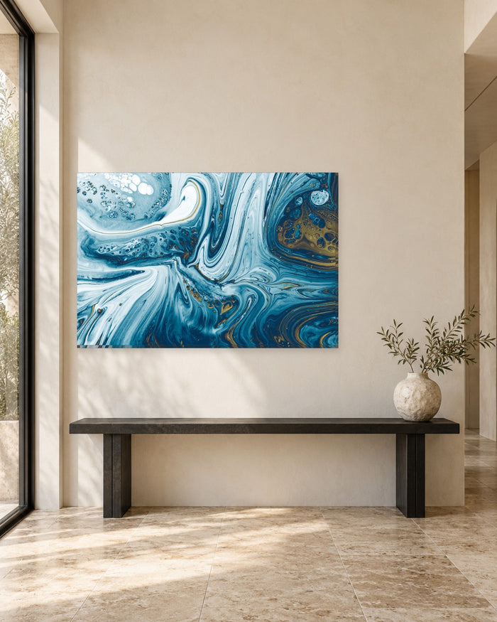 Teal Blue and White Swirl Fluid Art Canvas Wall Art - Ochre Cell Pour - Gallery Canvas - 38mm / 48 x 32 / Unframed preview