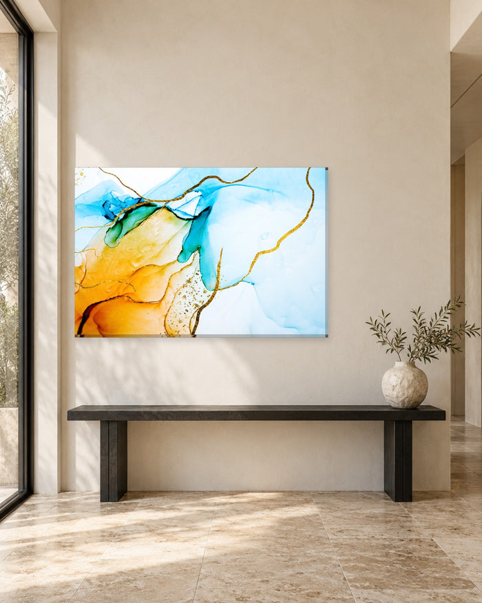 Bright Cyan and Saffron Orange Ink Abstract Canvas Wall Art - Gold Outlines - Gallery Canvas - 38mm / 48 x 32 / Unframed preview