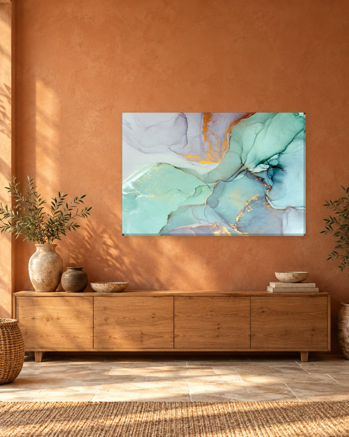 Mint Green and Aqua Alcohol Ink Canvas Wall Art - Copper Gold Seams - Gallery Canvas - 38mm / 48 x 32 / Unframed preview