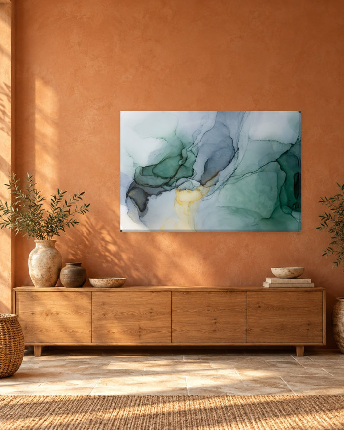 Forest Green and Slate Grey Alcohol Ink Canvas Wall Art - Pale Gold Glow - Gallery Canvas - 38mm / 48 x 32 / Unframed preview