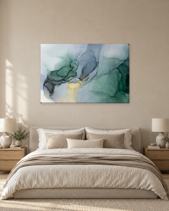 Sage and Bottle Green Ink Abstract Canvas Wall Art - Misty Grey and Gold - Gallery Canvas - 38mm / 48 x 32 / Unframed preview