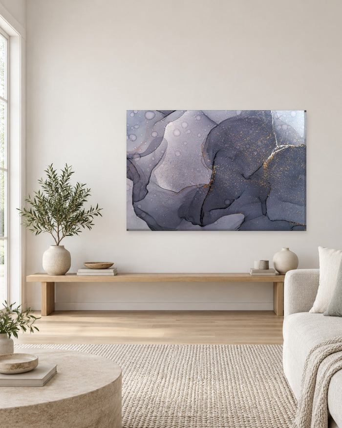 Charcoal and Lavender Grey Ink Abstract Canvas Wall Art - Gold Speckle - Gallery Canvas - 38mm / 48 x 32 / Unframed preview