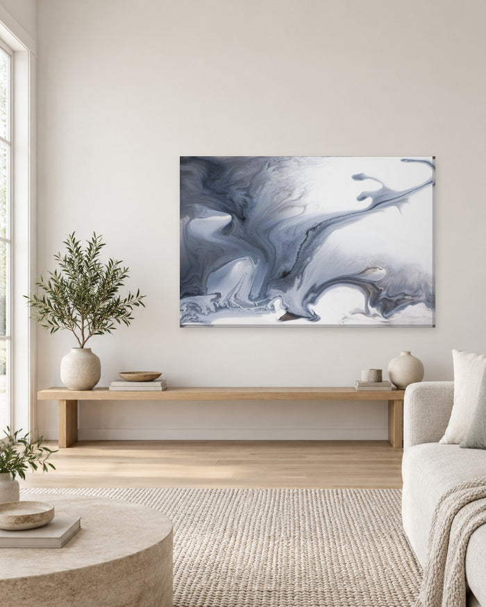 Grey and White Smoke Swirl Abstract Canvas Wall Art - Monochrome Fluid Art - Gallery Canvas - 38mm / 48 x 32 / Unframed preview