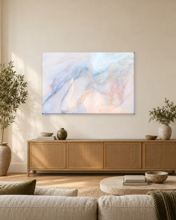 Pearl White and Blush Pastel Marble Canvas Wall Art - Pale Blue and Peach - Gallery Canvas - 38mm / 48 x 32 / Unframed preview