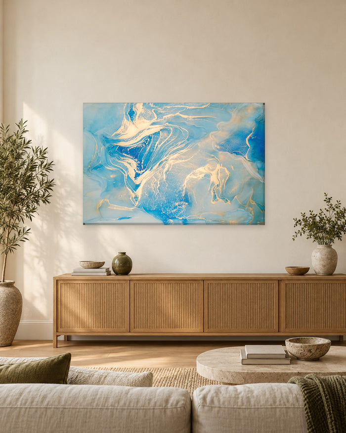 Sky Blue and Champagne Gold Swirl Canvas Wall Art - Marbled Fluid Abstract - Gallery Canvas - 38mm / 48 x 32 / Unframed preview