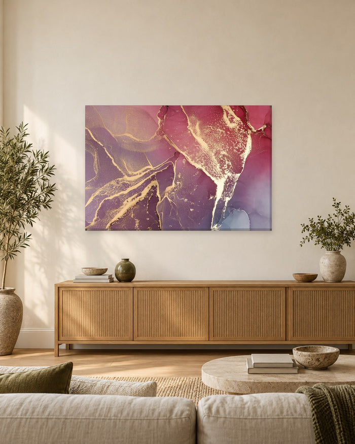 Wine Red and Dusky Rose Ink Abstract Canvas Wall Art - Gold Veins - Gallery Canvas - 38mm / 48 x 32 / Unframed preview