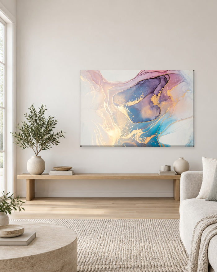 Violet and Blush Pink Ink Abstract Canvas Wall Art - Ivory, Teal and Gold - Gallery Canvas - 38mm / 48 x 32 / Unframed preview
