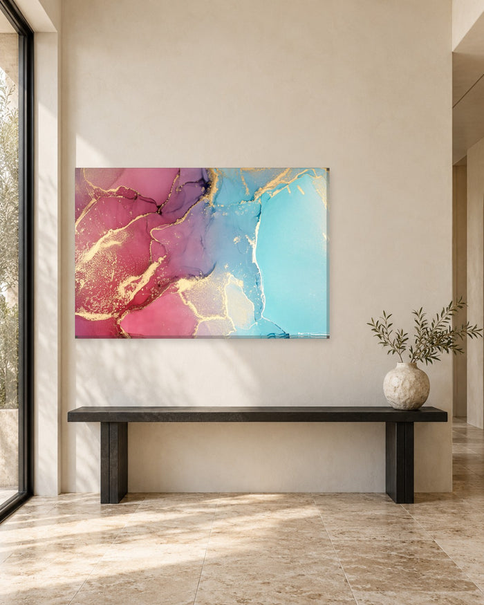 Cerise Pink and Aqua Alcohol Ink Canvas Wall Art - Bold Gold Splashes - Gallery Canvas - 38mm / 48 x 32 / Unframed preview