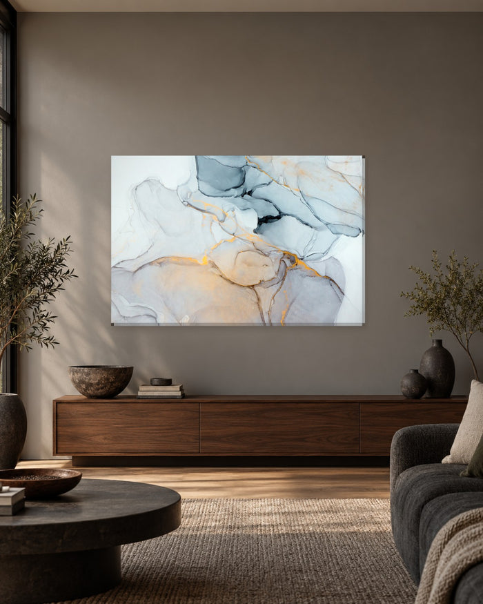 Soft Grey and Beige Ink Abstract Canvas Wall Art - Charcoal and Gold Lines - Gallery Canvas - 38mm / 48 x 32 / Unframed preview