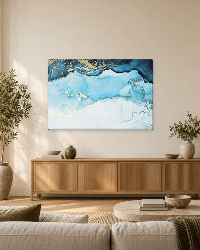Navy, Sky Blue and White Ink Abstract Canvas Wall Art - Gold Shoreline - Gallery Canvas - 38mm / 48 x 32 / Unframed preview