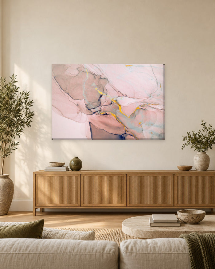 Blush Pink and Smoky Blue Ink Abstract Canvas Wall Art - Amber Gold Lines - Gallery Canvas - 38mm / 48 x 32 / Unframed preview