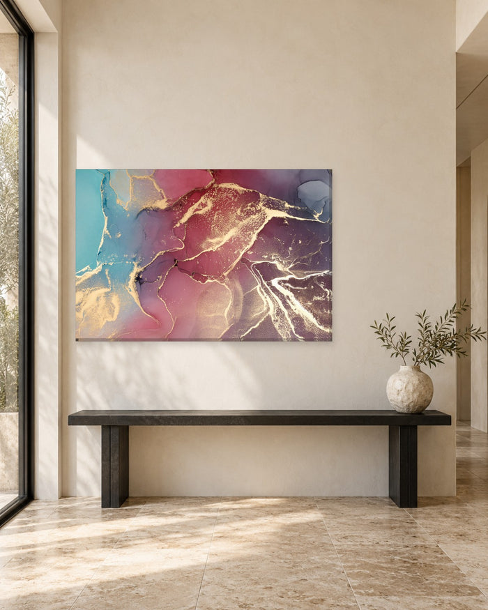 Raspberry Red and Plum Ink Abstract Canvas Wall Art - Teal and Gold Veins - Gallery Canvas - 38mm / 48 x 32 / Unframed preview