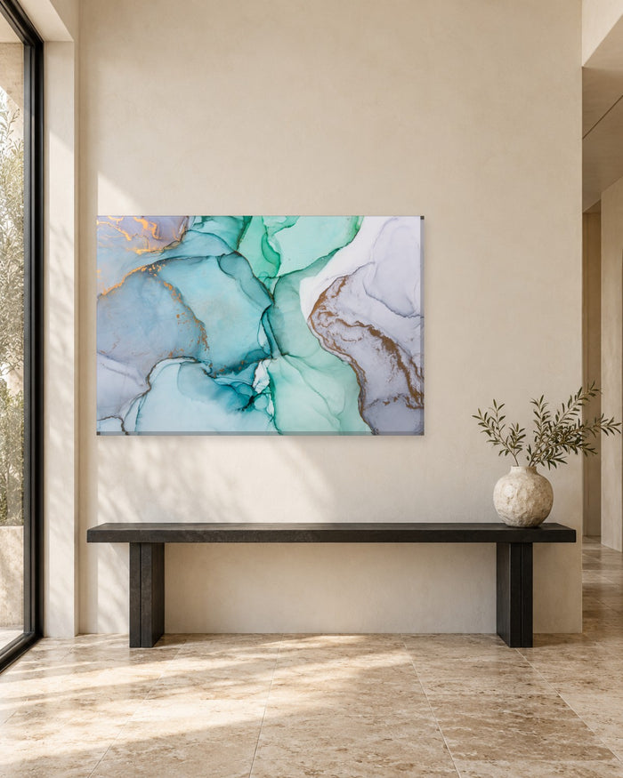 Emerald and Teal Ink Abstract Canvas Wall Art - Lilac Grey and Bronze - Gallery Canvas - 38mm / 48 x 32 / Unframed preview