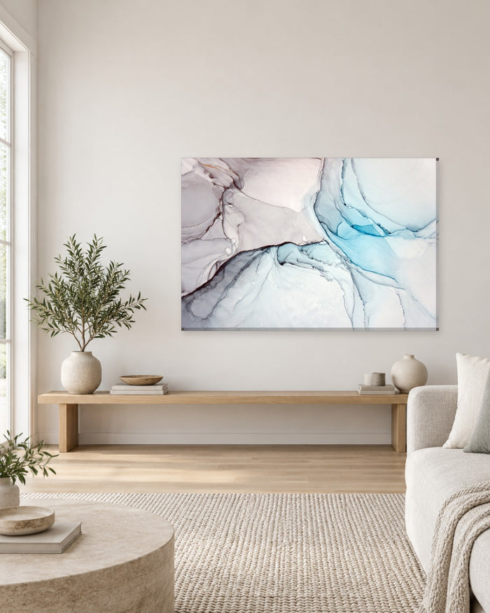 Taupe Grey and Pale Blue Alcohol Ink Canvas Wall Art - Soft Neutral Abstract - Gallery Canvas - 38mm / 48 x 32 / Unframed preview