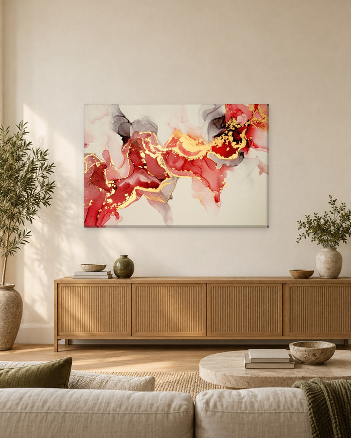 Crimson Red and Black Ink Abstract Canvas Wall Art - Gold Leaf on Cream - Gallery Canvas - 38mm / 48 x 32 / Unframed preview