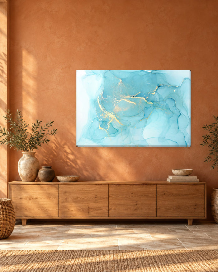 Sky Blue and Turquoise Ink Wash Canvas Wall Art - Gold Thread Abstract - Gallery Canvas - 38mm / 48 x 32 / Unframed preview