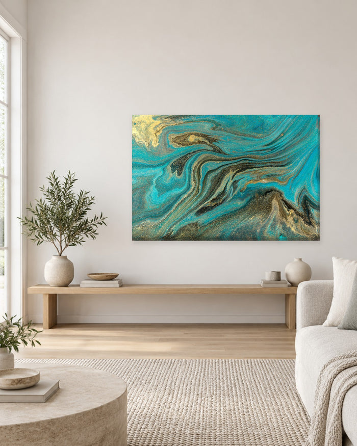 Turquoise, Black and Gold Glitter Wave Canvas Wall Art - Marbled Pour - Gallery Canvas - 38mm / 48 x 32 / Unframed preview