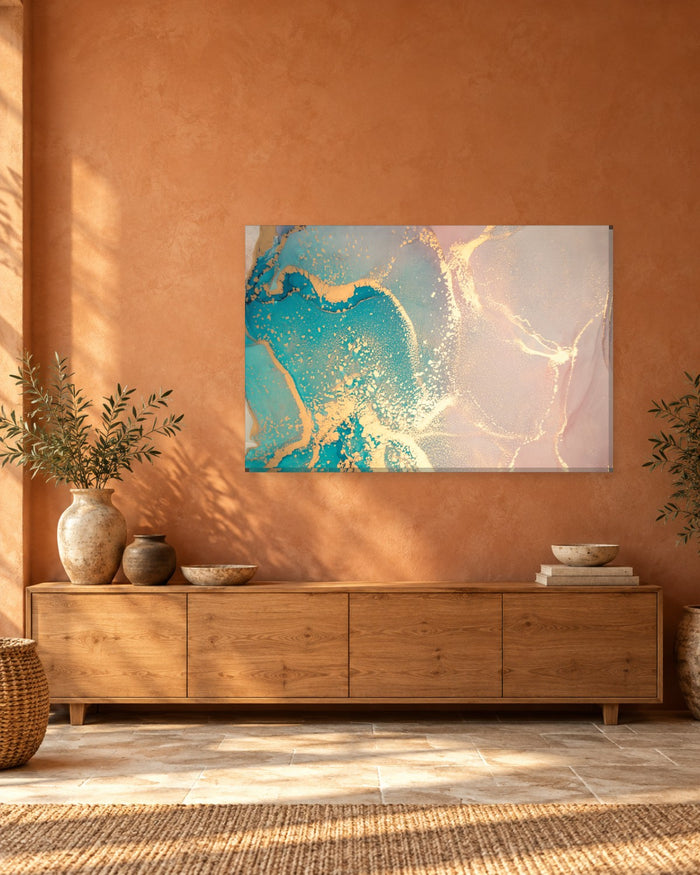 Teal and Peach Pink Ink Abstract Canvas Wall Art - Speckled Gold Spray - Gallery Canvas - 38mm / 48 x 32 / Unframed preview