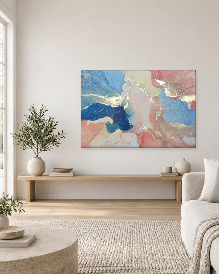 Denim Blue and Coral Pink Abstract Canvas Wall Art - Cream and Shimmer - Gallery Canvas - 38mm / 48 x 32 / Unframed preview