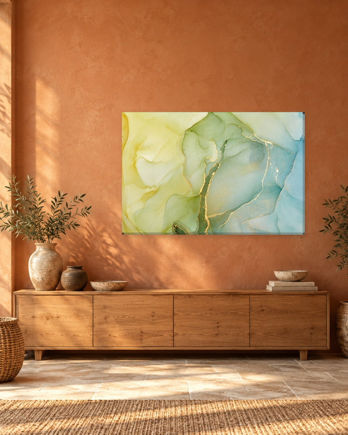 Lemon Yellow and Sage Green Ink Abstract Canvas Wall Art - Mint and Gold - Gallery Canvas - 38mm / 48 x 32 / Unframed preview