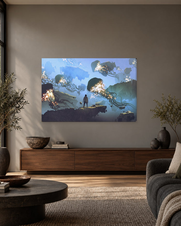 Jellyfish Dreamscape Canvas Wall Art - Glowing Jellyfish over Floating Islands - Gallery Canvas - 38mm / 48 x 32 / Unframed preview
