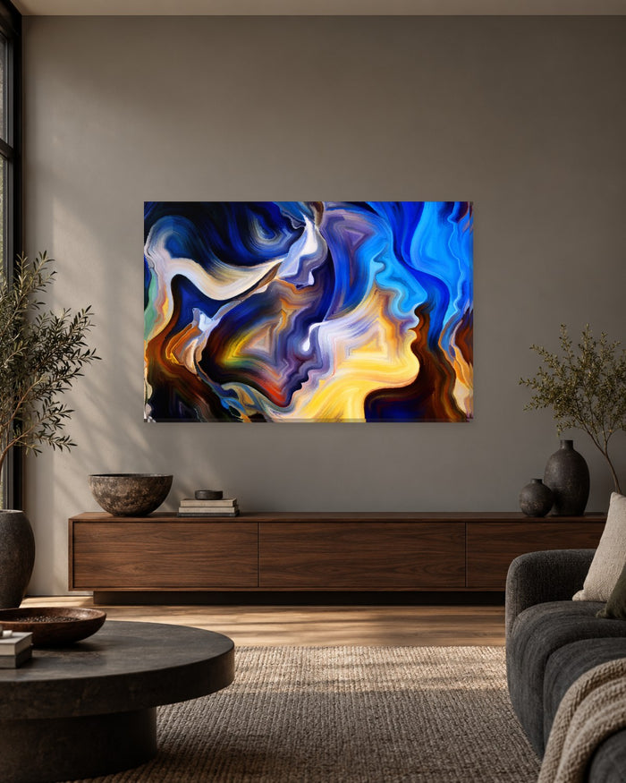Abstract Human Faces Canvas Wall Art - Blue and Yellow Swirling Profiles - Gallery Canvas - 38mm / 48 x 32 / Unframed preview