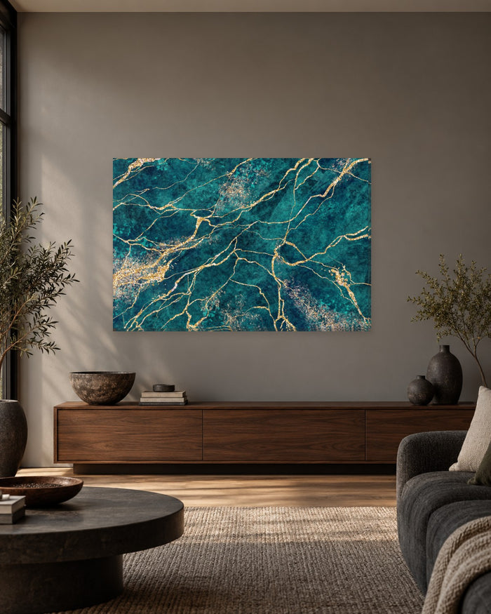 Deep Teal Green Marble Canvas Wall Art - Gold Kintsugi Veins - Gallery Canvas - 38mm / 48 x 32 / Unframed preview