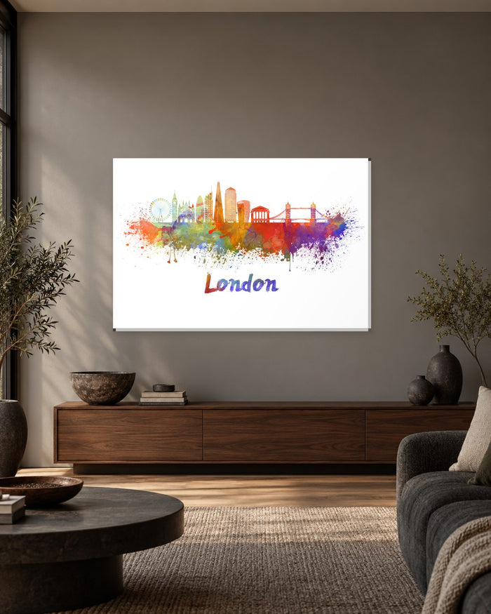 London Skyline Watercolour Canvas Wall Art - Rainbow Splash Cityscape - Gallery Canvas - 38mm / 48 x 32 / Unframed preview