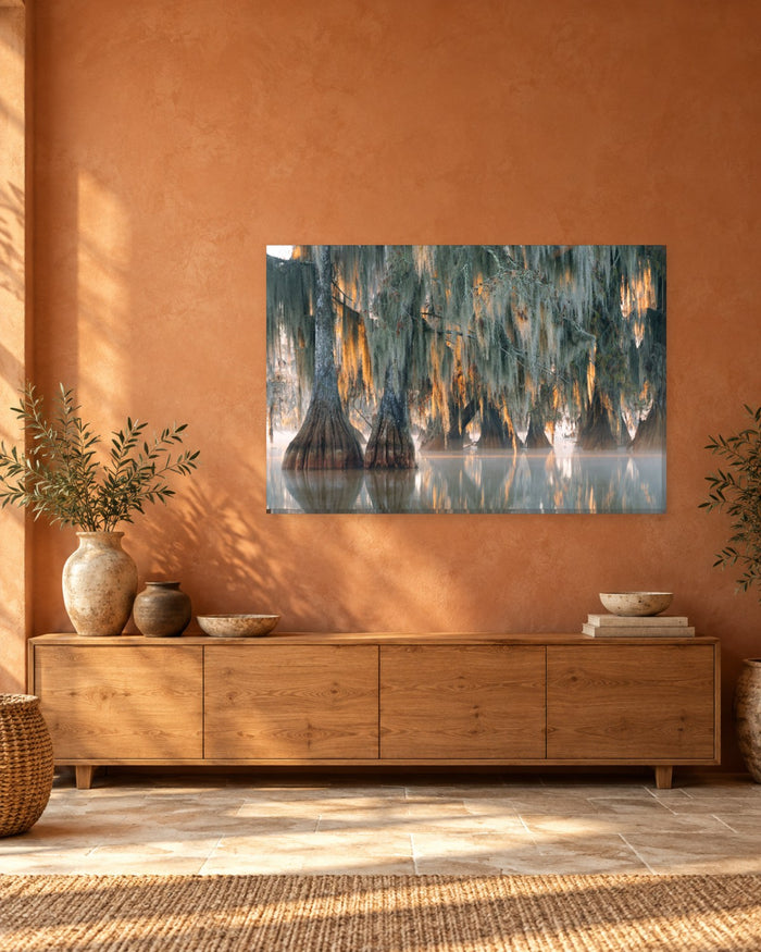 Lake Martin Louisiana Cypress Trees Canvas Wall Art - Spanish Moss in Mist - Gallery Canvas - 38mm / 48 x 32 / Unframed preview