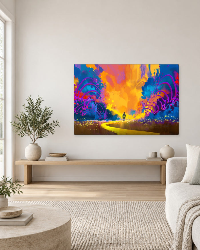 Man Walking a Colourful Path Canvas Wall Art - Orange and Blue Fantasy Landscape - Gallery Canvas - 38mm / 48 x 32 / Unframed preview