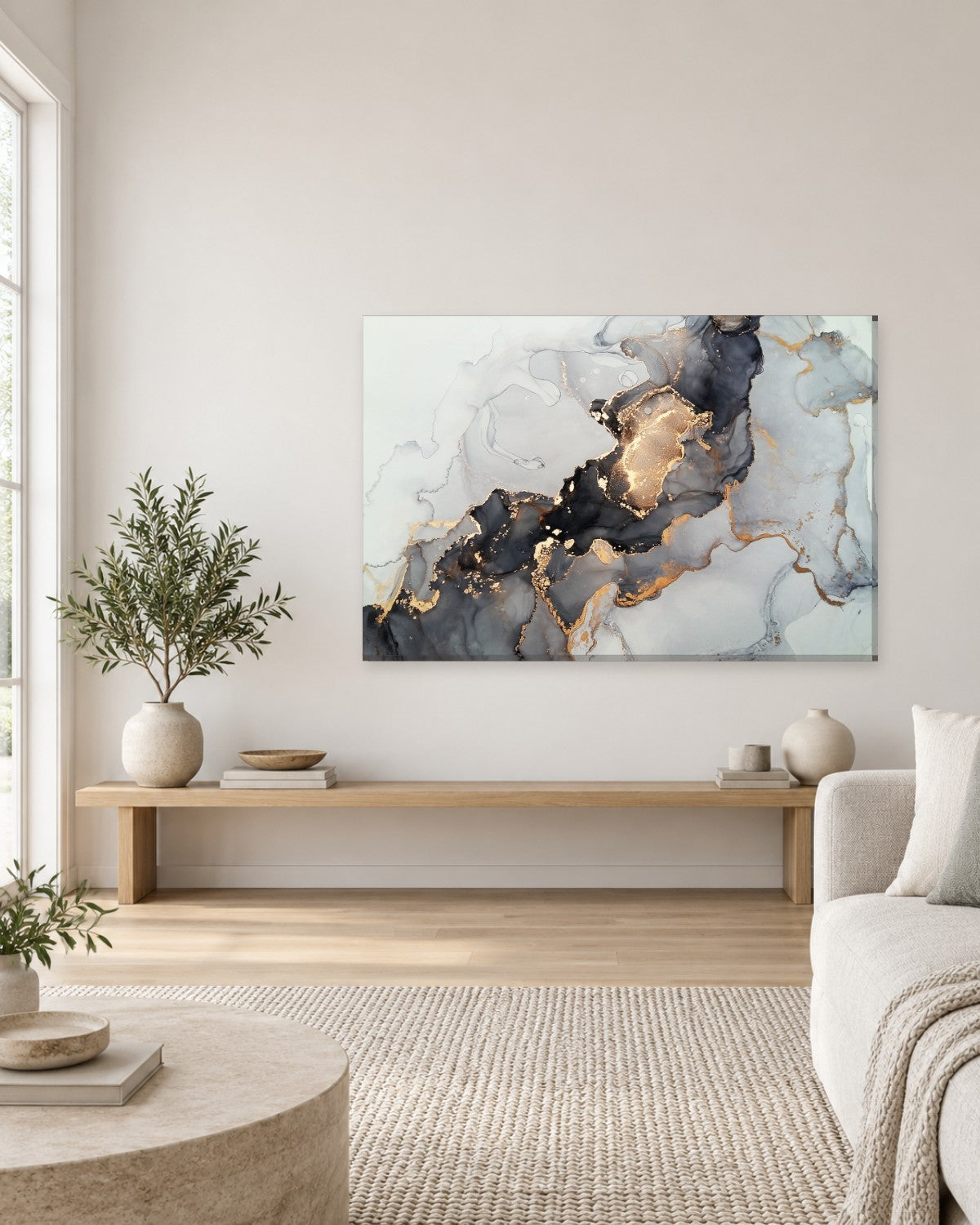 Inky Black and Pale Grey Marble Abstract Canvas Wall Art - Copper Gold Edges - Gallery Canvas - 38mm / 48 x 32 / Unframed preview