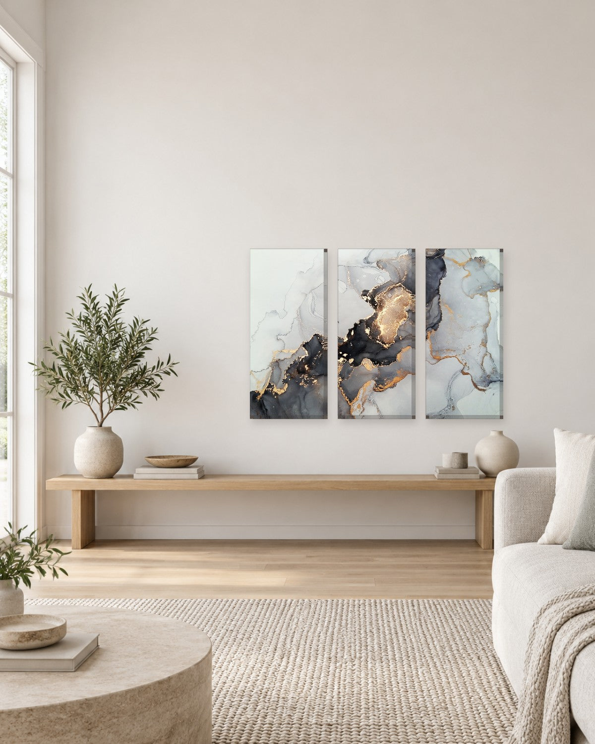 Inky Black and Pale Grey Marble Abstract Canvas Wall Art - Copper Gold Edges - Gallery Canvas - 38mm / 48 x 32 / Unframed preview