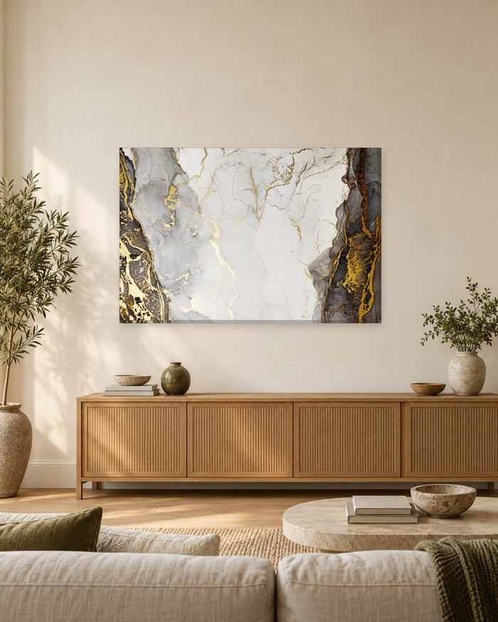 White Marble Canvas Wall Art - Black and Gold Edged Stone Effect - Gallery Canvas - 38mm / 48 x 32 / Unframed preview