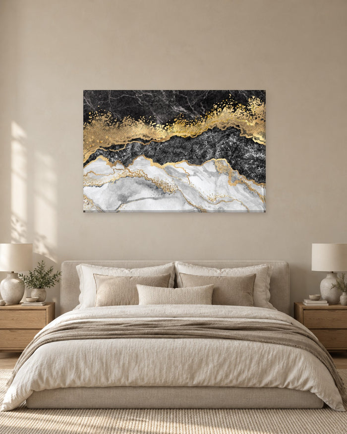 Black and White Marble Canvas Wall Art - Gold Glitter Layered Stone - Gallery Canvas - 38mm / 48 x 32 / Unframed preview