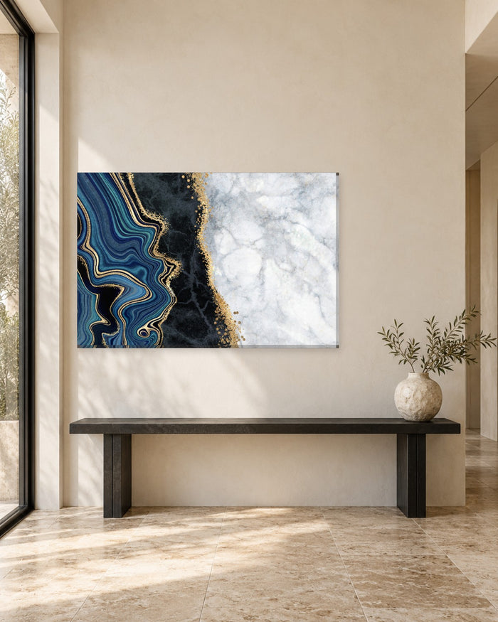Blue Agate and White Marble Canvas Wall Art - Black and Gold Glitter Seam - Gallery Canvas - 38mm / 48 x 32 / Unframed preview