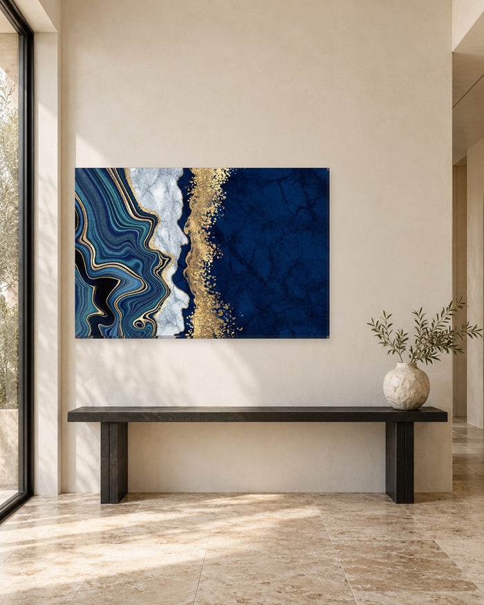 Blue Agate and Navy Marble Canvas Wall Art - White Stone and Gold Glitter - Gallery Canvas - 38mm / 48 x 32 / Unframed preview