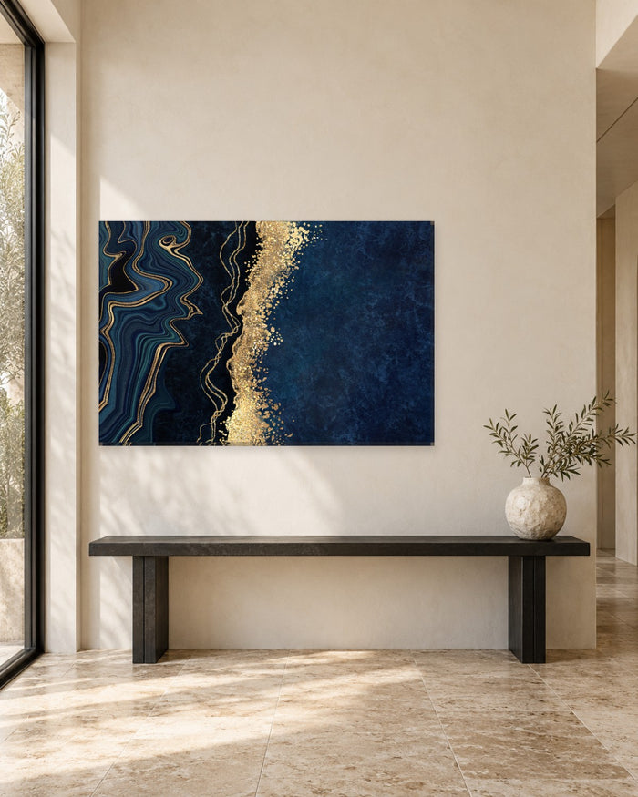 Midnight Navy and Blue Agate Canvas Wall Art - Gold Glitter Line - Gallery Canvas - 38mm / 48 x 32 / Unframed preview