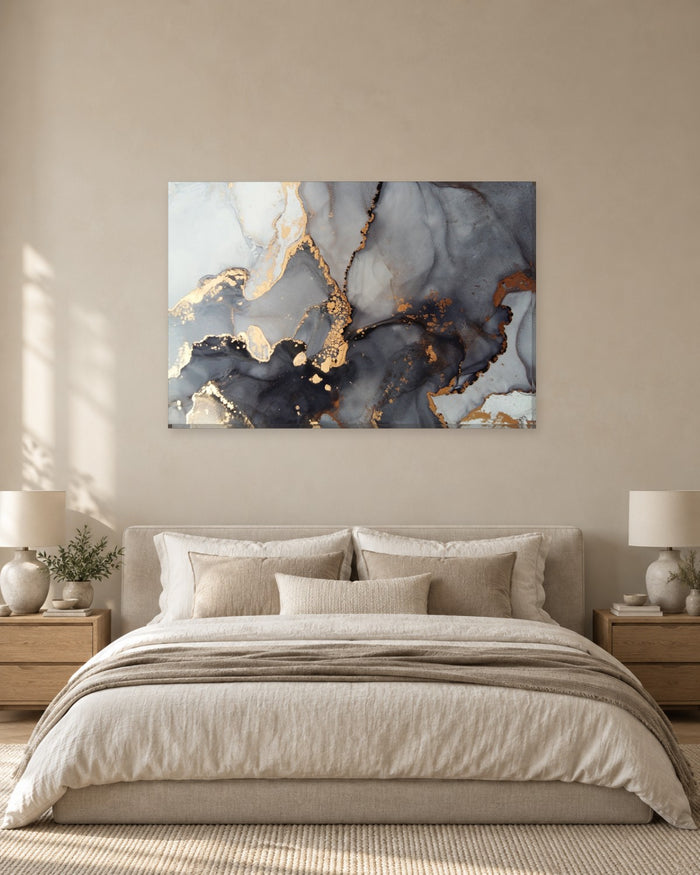 Smoky Grey and Charcoal Ink Abstract Canvas Wall Art - Copper Gold Beads - Gallery Canvas - 38mm / 48 x 32 / Unframed preview