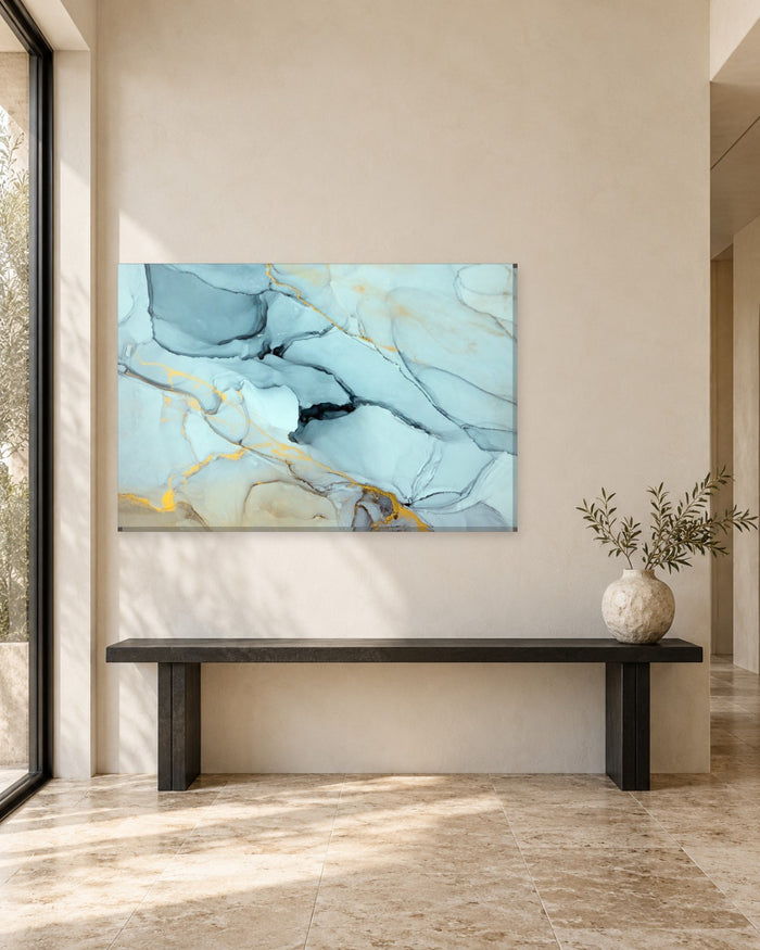 Pale Aqua and Slate Grey Ink Marble Canvas Wall Art - Fine Gold Seams - Gallery Canvas - 38mm / 48 x 32 / Unframed preview