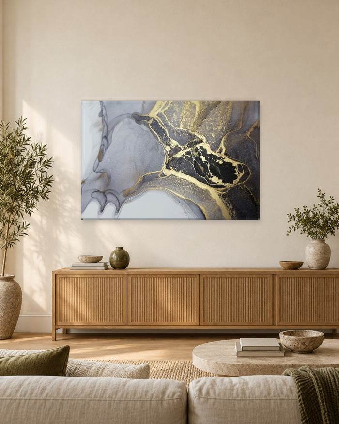 Grey and Black Ink Marble Canvas Wall Art - Gold Ringed Abstract - Gallery Canvas - 38mm / 48 x 32 / Unframed preview