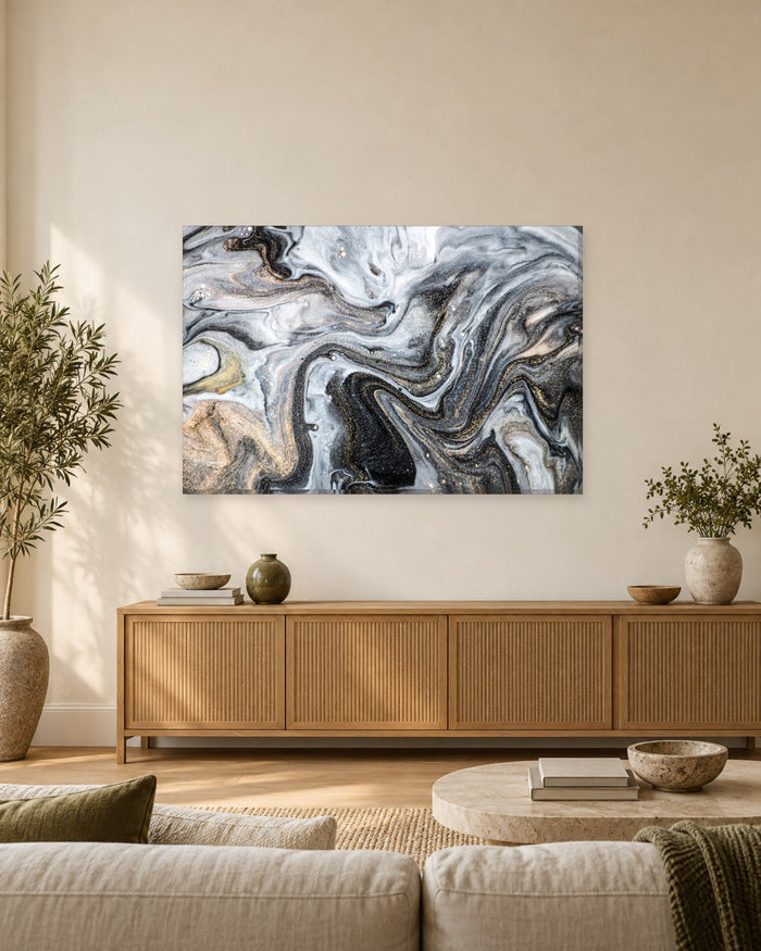 Monochrome Marbled Paint Pour Canvas Wall Art - Black, Grey and Gold Glitter - Gallery Canvas - 38mm / 48 x 32 / Unframed preview
