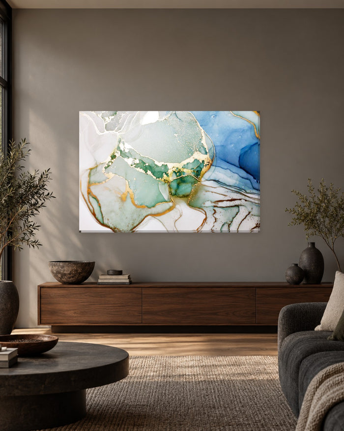 Sage Green and Cornflower Blue Ink Abstract Canvas Wall Art - Gold Outline - Gallery Canvas - 38mm / 48 x 32 / Unframed preview