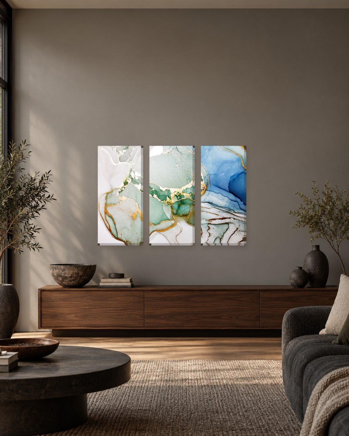 Sage Green and Cornflower Blue Ink Abstract Canvas Wall Art - Gold Outline - Gallery Canvas - 38mm / 48 x 32 / Unframed preview