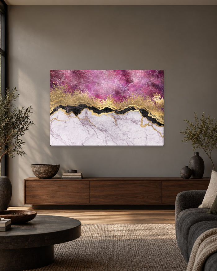 Fuchsia Pink and Black Marble Canvas Wall Art - Gold Glitter and Lilac White - Gallery Canvas - 38mm / 48 x 32 / Unframed preview