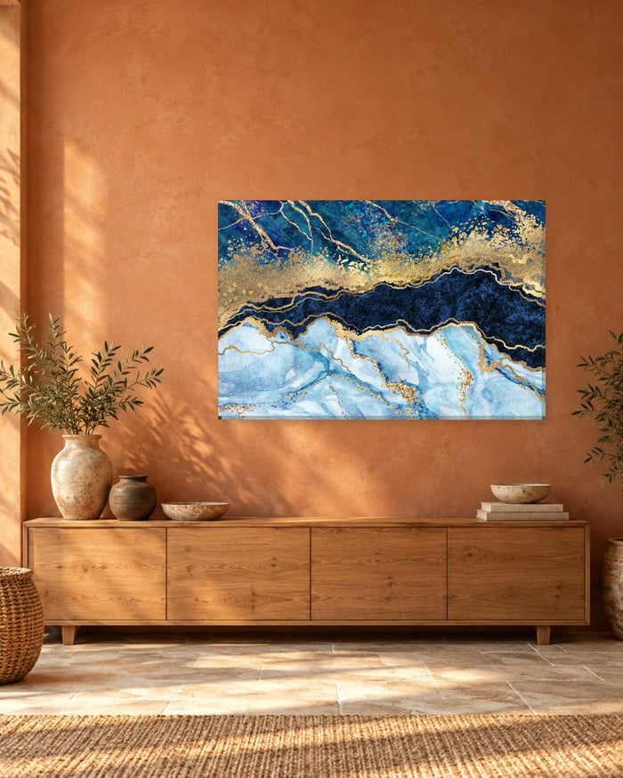 Sky Blue and Navy Marble Canvas Wall Art - Gold Glitter Layers - Gallery Canvas - 38mm / 48 x 32 / Unframed preview