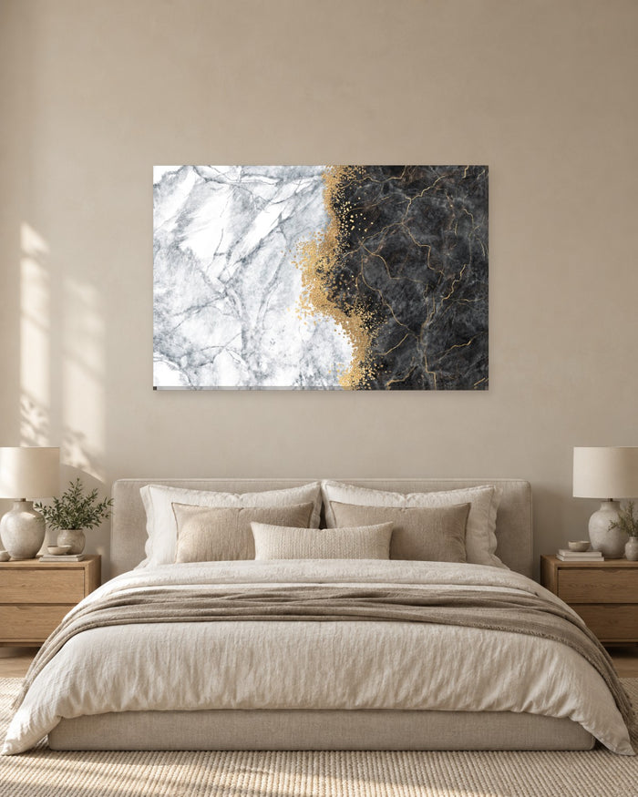 White and Black Split Marble Canvas Wall Art - Gold Glitter Seam - Gallery Canvas - 38mm / 48 x 32 / Unframed preview