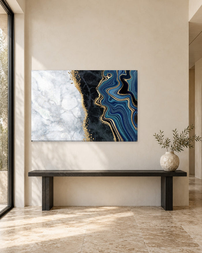 Teal Agate Swirl and White Marble Canvas Wall Art - Black Band with Gold - Gallery Canvas - 38mm / 48 x 32 / Unframed preview